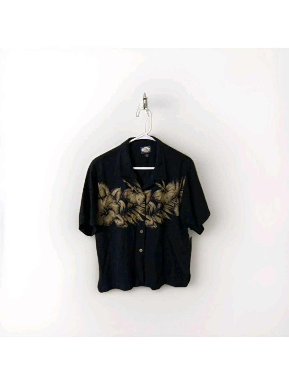 Men's Tommy Bahama sz Large 100% SILK Black Floral Print Hawaiian SS Camp Shirt